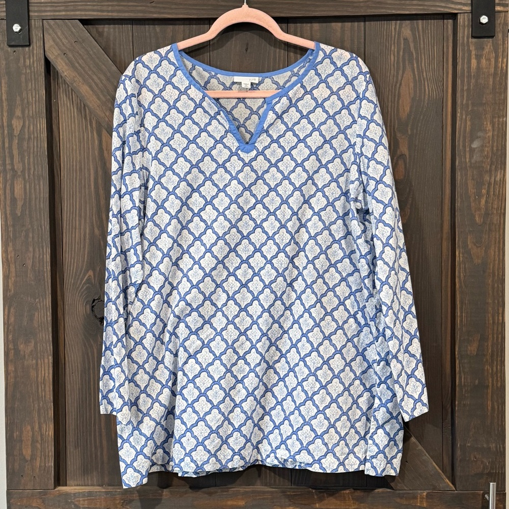 J. Jill Women’s Blue White Lightweight Cotton 3/4‎ Sleeve Tunic Shirt Size XL